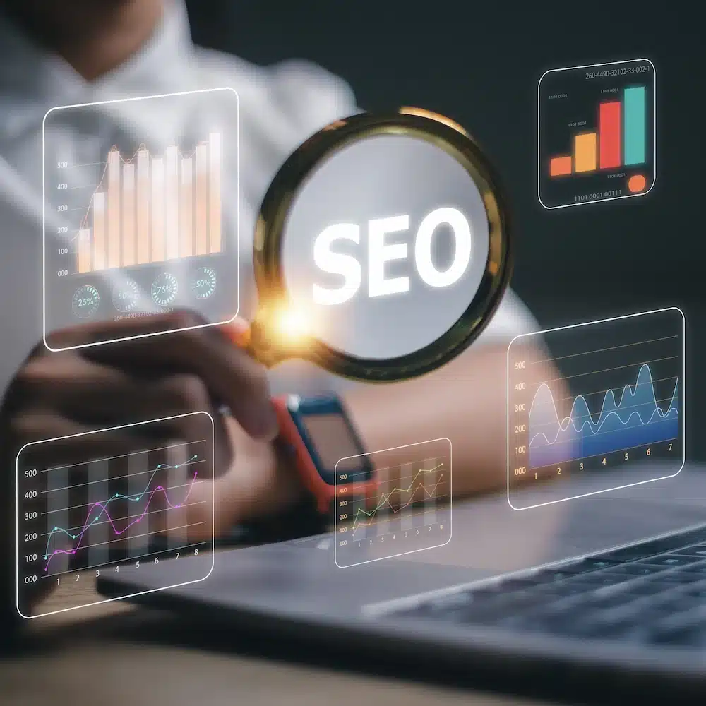 Persona sostiene una lupa con la palabra SEO frente a gráficas de datos