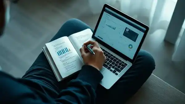 Persona analizando gráficos de SEO en un cuaderno mientras revisa estadísticas en una laptop.