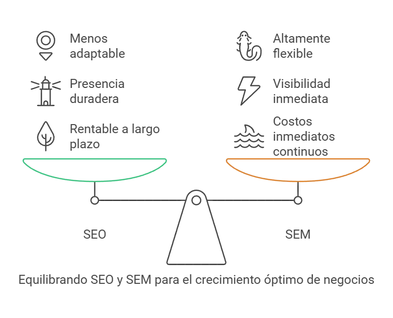 Comparación entre SEO y SEM en una balanza visual