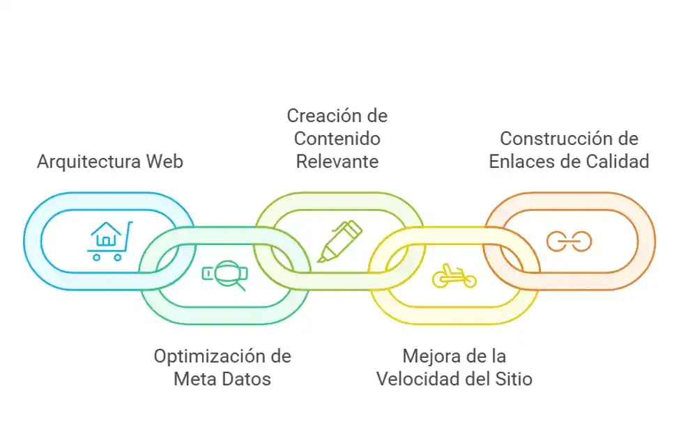 Ilustración mostrando los principales factores del posicionamiento web: arquitectura web, optimización de meta datos, contenido, velocidad y enlaces de calidad.