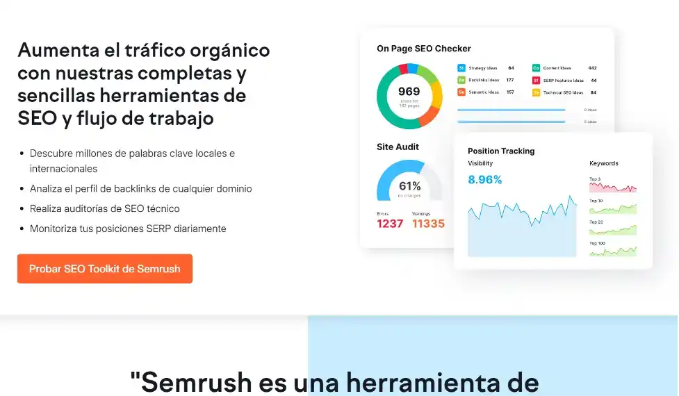 Captura de pantalla destacando las herramientas de Semrush, incluyendo auditorías de SEO, análisis de backlinks y monitoreo de posiciones SERP.