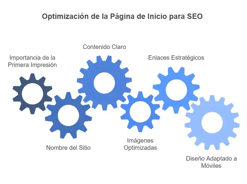 Engranajes interconectados que representan los elementos clave para la optimización de la página de inicio en SEO. Cada engranaje está etiquetado con conceptos"