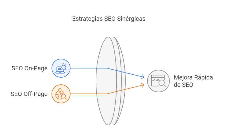 Diagrama que representa las estrategias SEO sinérgicas, mostrando cómo el SEO On-Page y el SEO Off-Page convergen hacia un objetivo común: la Mejora Rápida de SEO
