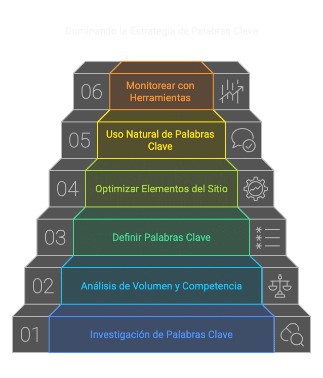 Escalera de 6 pasos para dominar la estrategia de palabras clave: investigación, análisis, definición y optimización