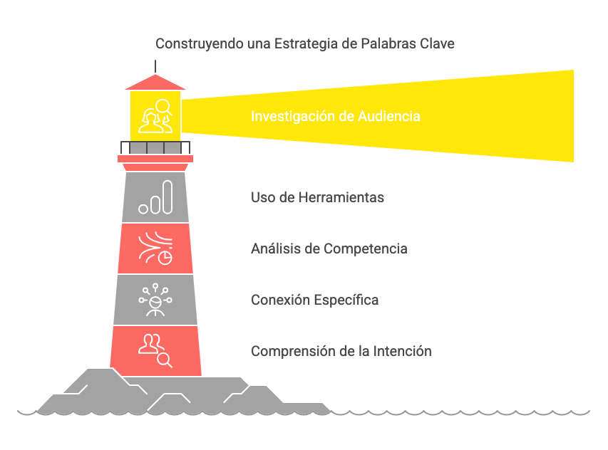 Gráfico de un faro que representa los pasos clave para construir una estrategia de palabras clave: investigación, análisis e intención