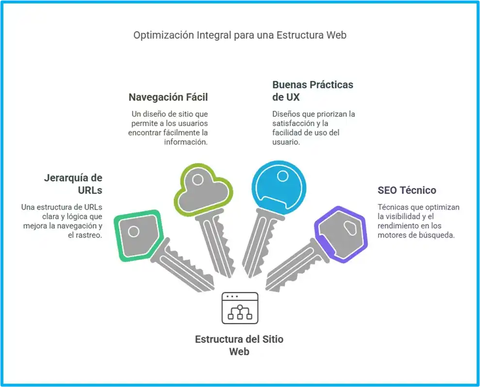 Infografía sobre la optimización integral de la estructura web con claves como navegación fácil, UX, SEO técnico y jerarquía de URLs