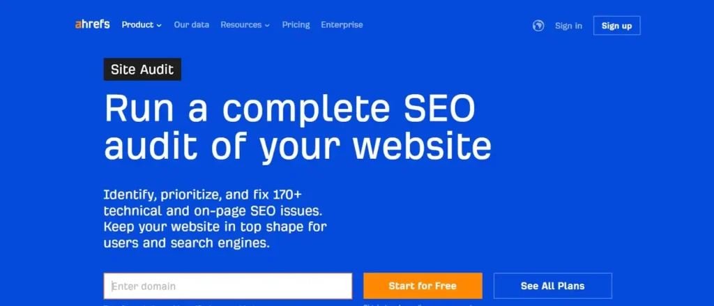 Captura de pantalla de la página de Ahrefs Site Audit. Mejores herramientas de auditoría SEO - Agencia SEO México