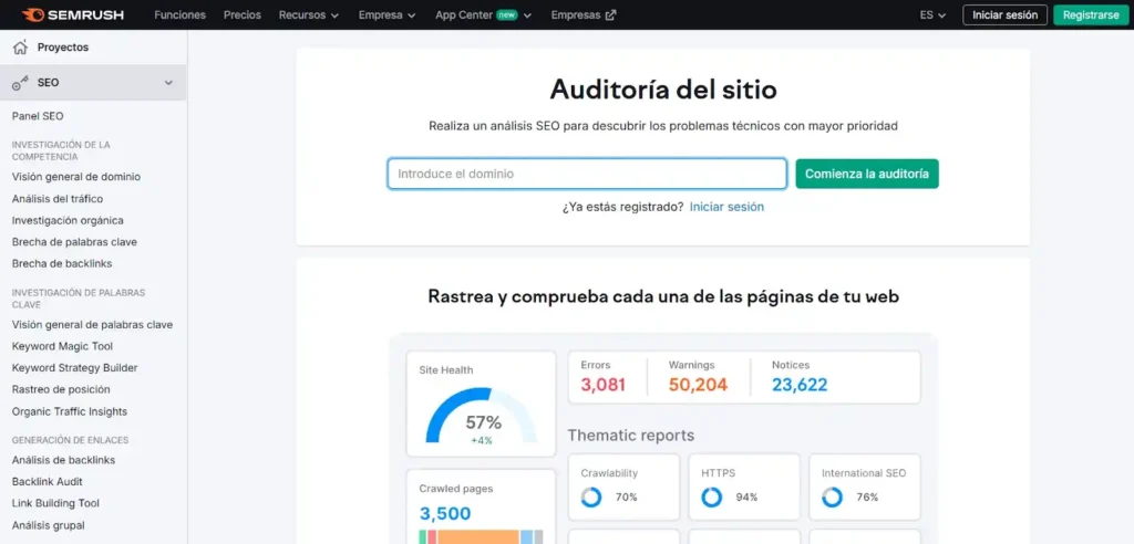 Captura de pantalla de la herramienta SEMrush Site Audit. Mejores herramientas de auditoría SEO - Agencia SEO México