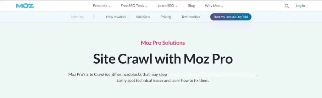 Página de Moz Pro Site Crawl. Mejores herramientas de auditoría SEO - Agencia SEO México