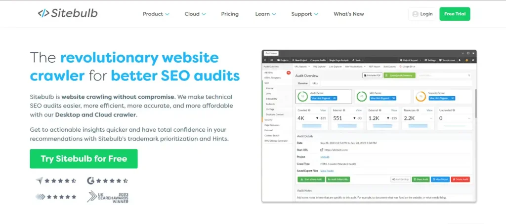Captura de pantalla de la página de Sitebulb. Mejores herramientas de auditoría SEO - Agencia SEO México