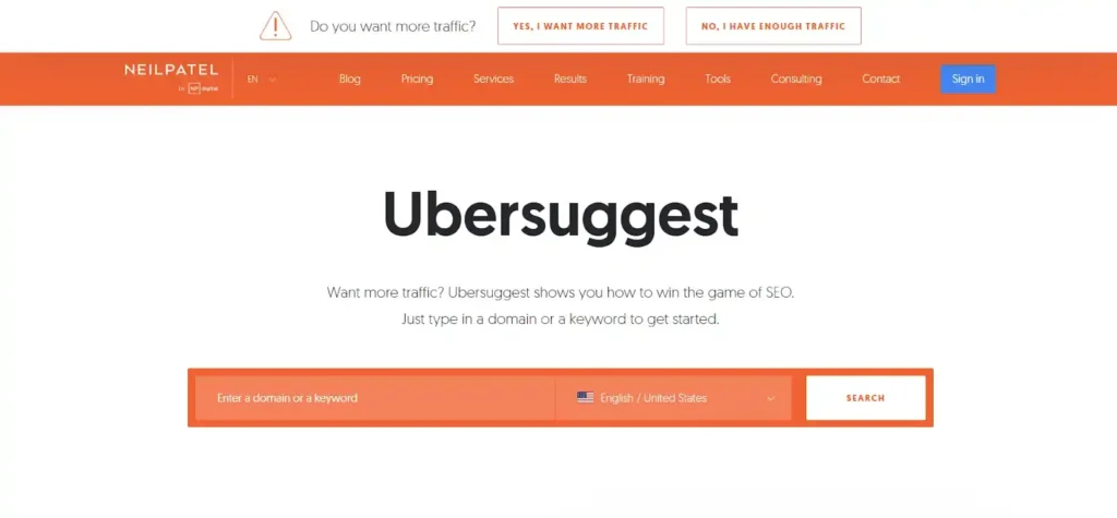 Página de inicio de Ubersuggest. Mejores herramientas de auditoría SEO - Agencia SEO México