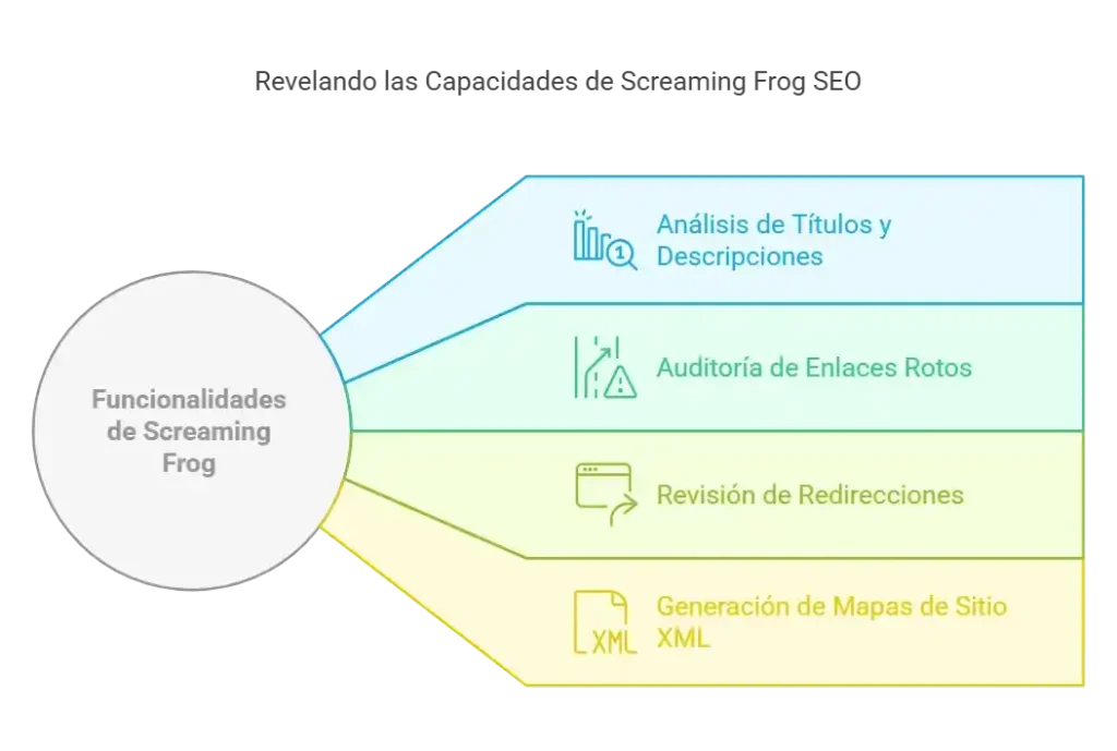 Diagrama de las funciones principales de Screaming Frog para SEO