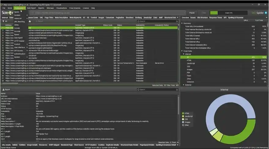 Dashboard principal de Screaming Frog
