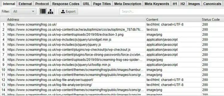 La imagen muestra una captura de pantalla de la interfaz de Screaming Frog, donde se visualizan varios datos de un análisis SEO. ¿Cómo usar Screaming Frog? Aprende a auditar: Agencia SEO MX