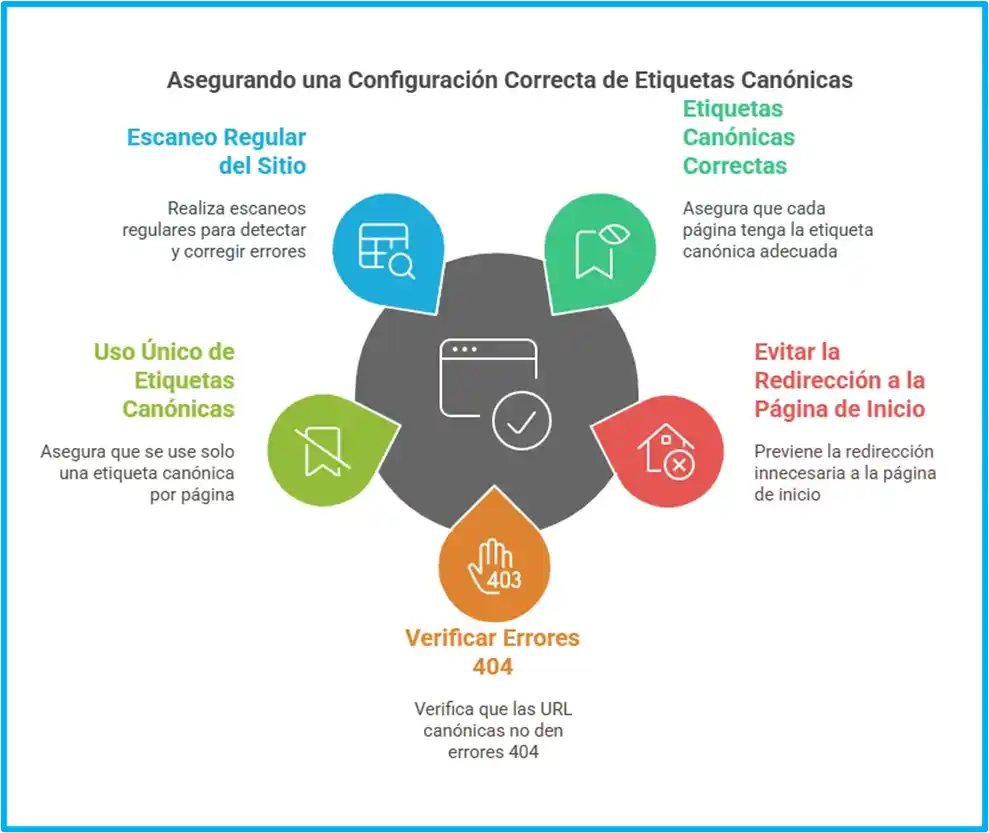 Infografía que ilustra cómo configurar correctamente etiquetas canónicas: evitar redirecciones, errores 404 y usar etiquetas únicas. ¿Cómo usar Screaming Frog? Aprende a auditar: Agencia SEO MX