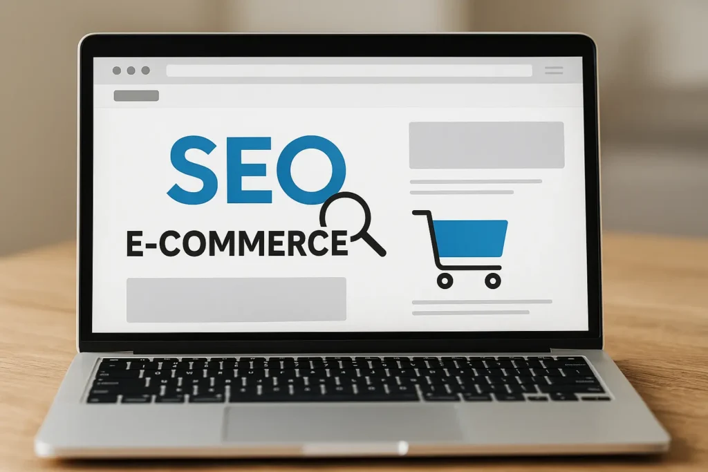Laptop moderna mostrando una página web con el texto “SEO E-commerce” y un ícono de carrito de compras, representando estrategias de posicionamiento para tiendas online