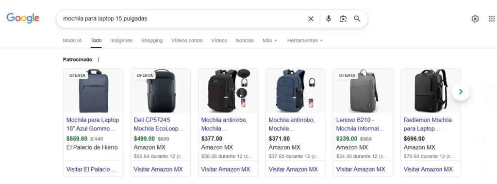 Ejemplo de búsqueda de keyword con intención de compra en Google