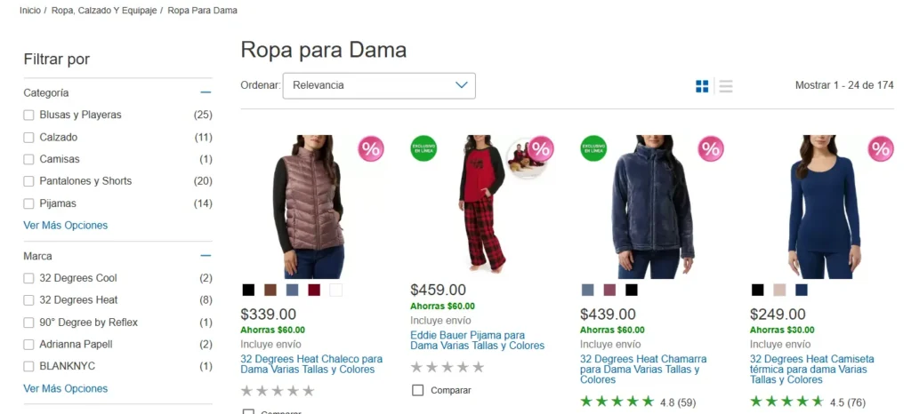 Ejemplo de menú de búsqueda en página web de Costco