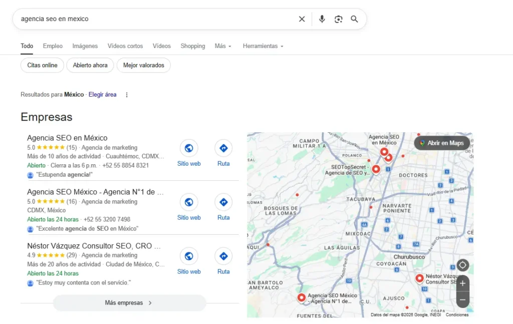 Ejemplo de map pack en Google con “agencia seo en mexico”