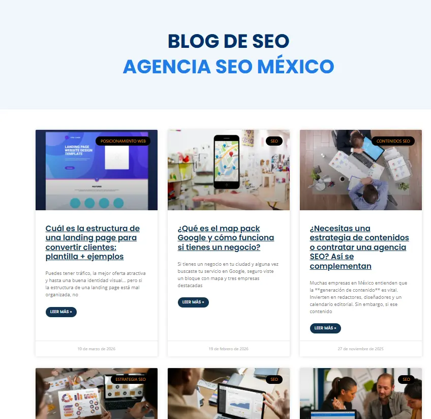 Sección de blog de sitio web de Agencia SEO México