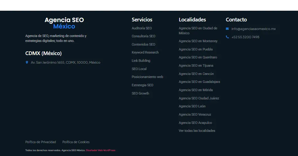 Footer de sección de blog de sitio web de Agencia SEO México