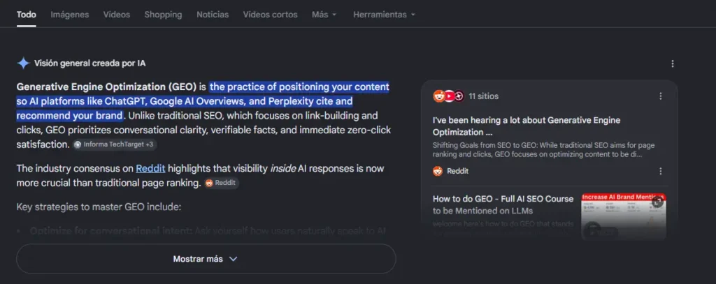 Ejemplo de respuesta de IA en Google al buscar definición sobre “GEO”