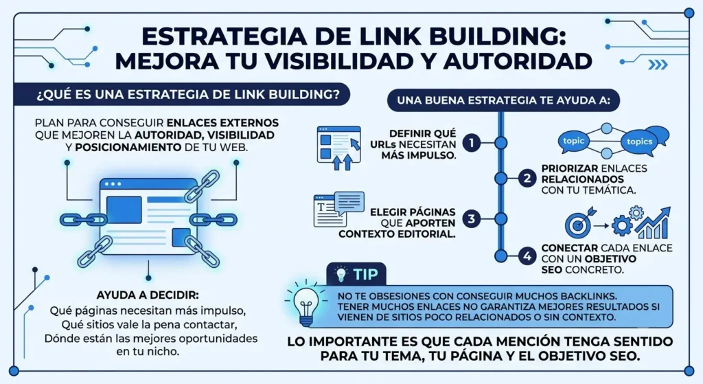 Estrategia de link building con prioridades, contexto editorial y objetivos SEO
