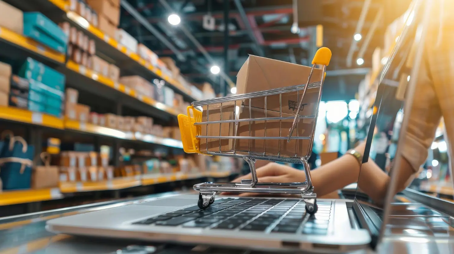 Persona que crea una tienda en línea cargando productos en una computadora portátil