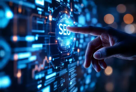 Dedo señalando ícono de SEO con inteligencia artificial en pantalla digital